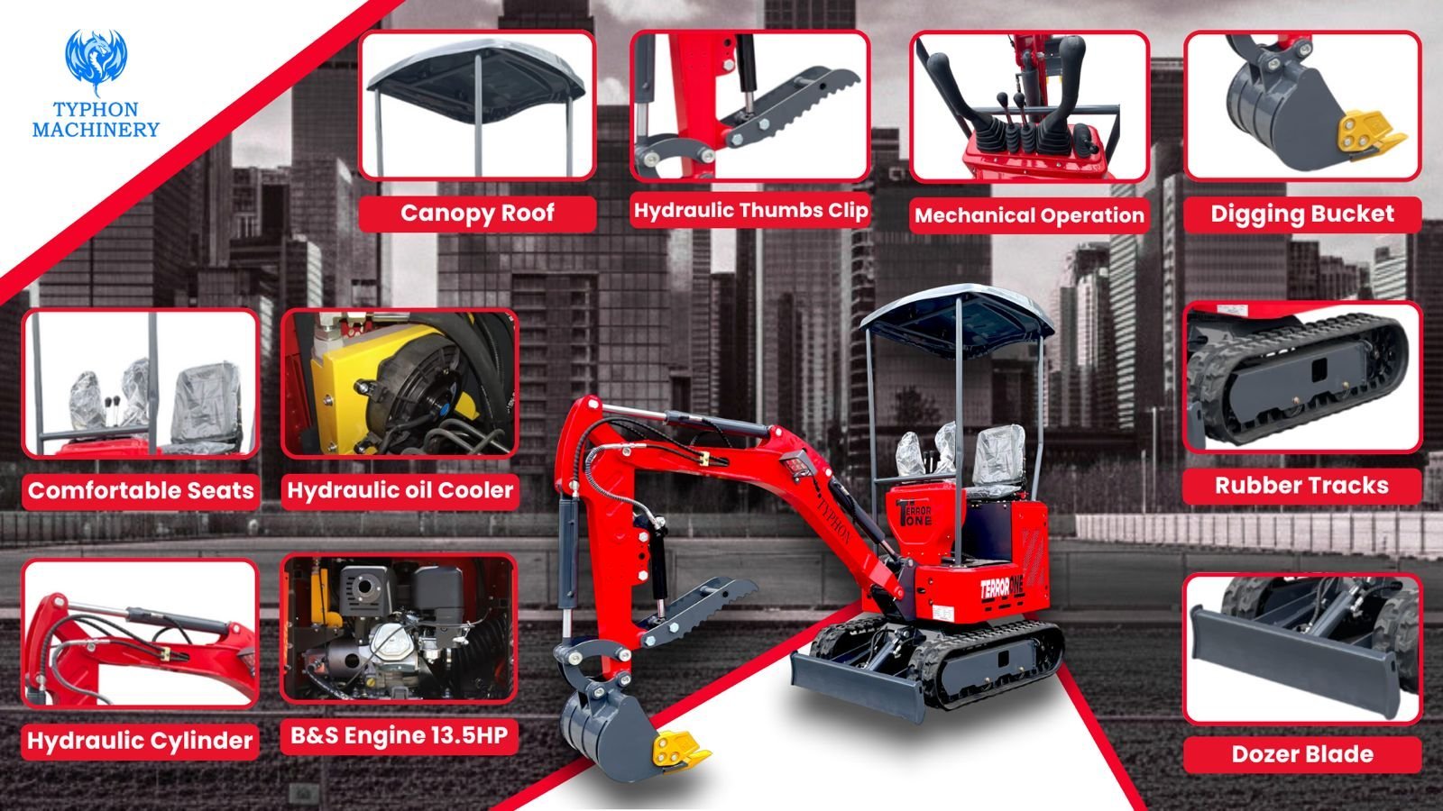 TYPHON TERROR ONE STORM 1 Ton Mini Excavator Trench Digger with Hydraulic Oil Cooler Canopy & Wide Bucket Ideal for Garden, Farm, Park & Road Work Digging, Drilling, Bull-Dozing