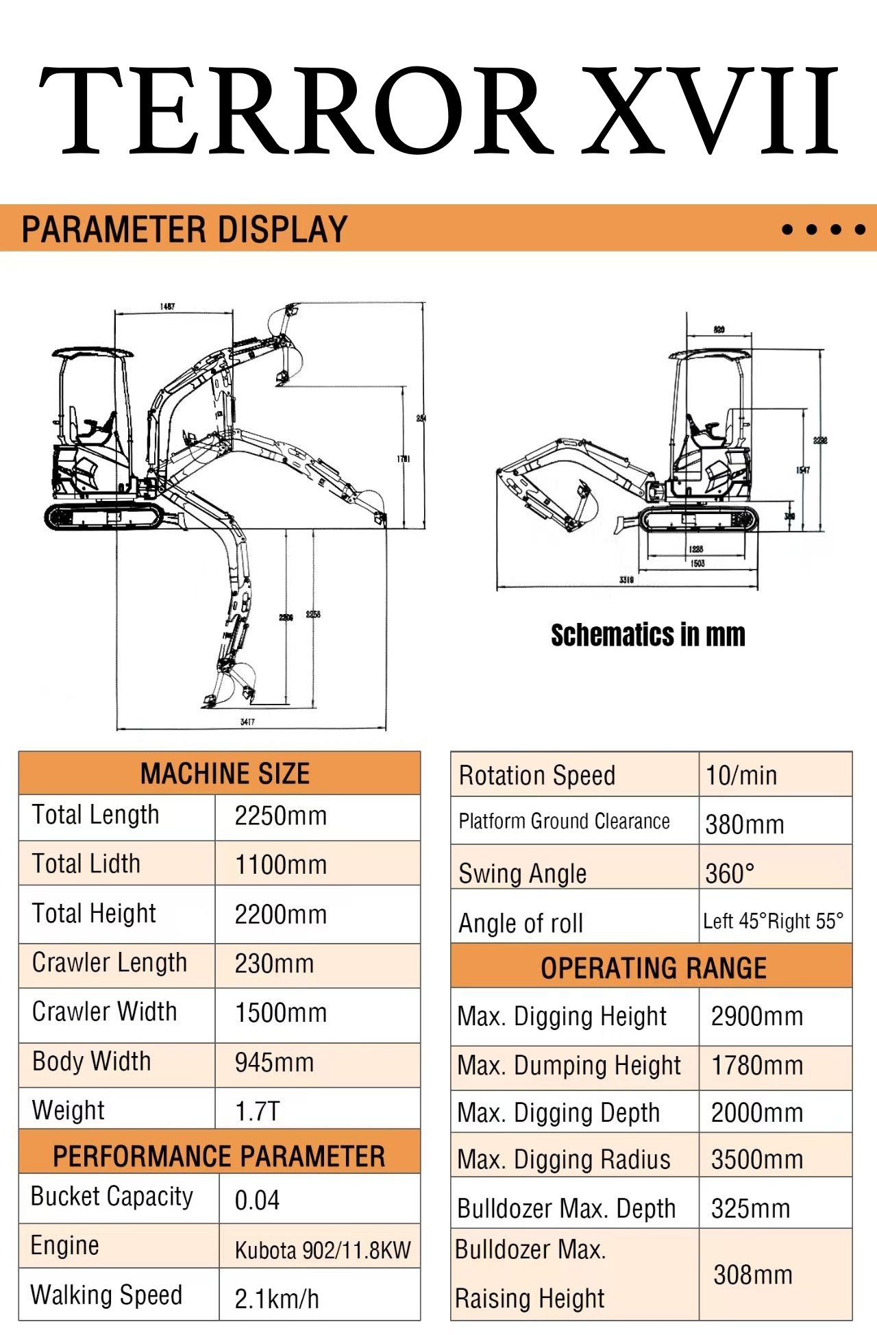 2025 3800 lb TYPHON TERROR XVII Mini Excavator Rubber Track with Kubota D902 Diesel Engine USA