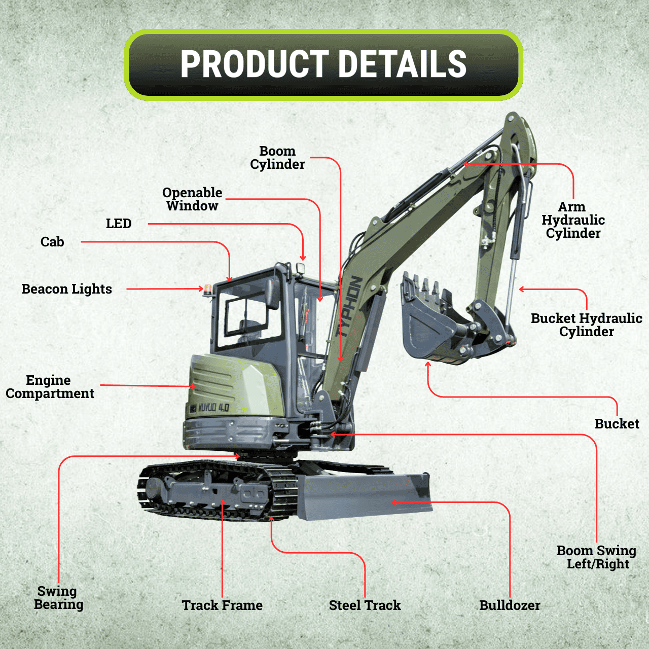 TYPHON KUVUO 4.0 four ton cabin mini excavator w Kubota D1703 Diesel engine Metal Tracks, Boom Swing, AC Heater, Hydraulic Control