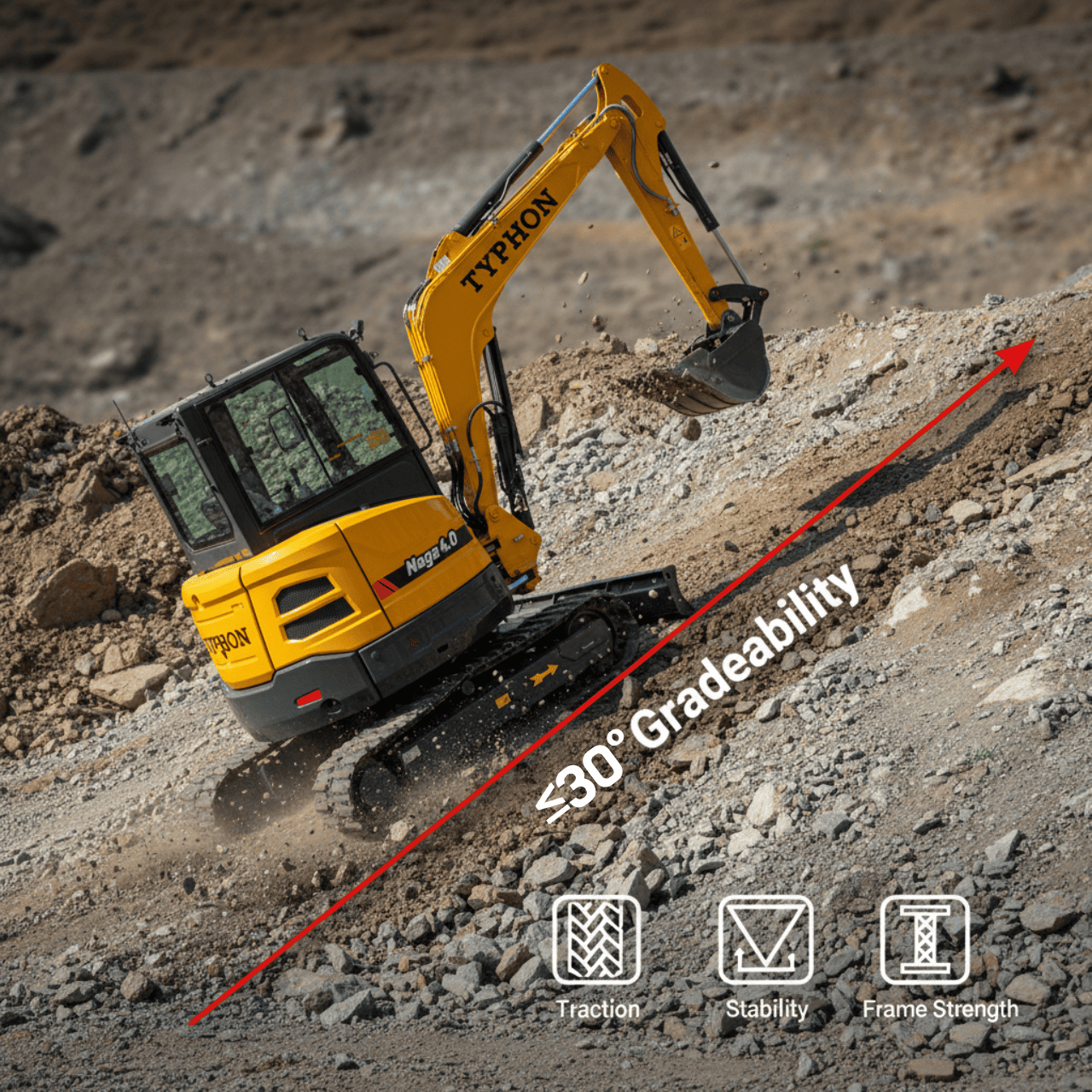 TYPHON NAGA 4.0 Mini Excavator w 4 Ton 24.4hp Yanmar Diesel Engine Metal Track ISO SAE control switch, AC Heater Cabin, 2 Travel Speed