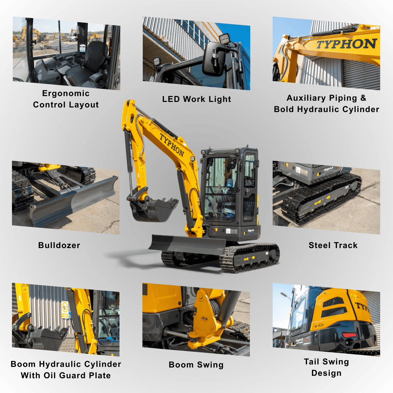 TYPHON NAGA 4.0 Mini Excavator w 4 Ton 24.4hp Yanmar Diesel Engine Metal Track ISO SAE control switch, AC Heater Cabin, 2 Travel Speed