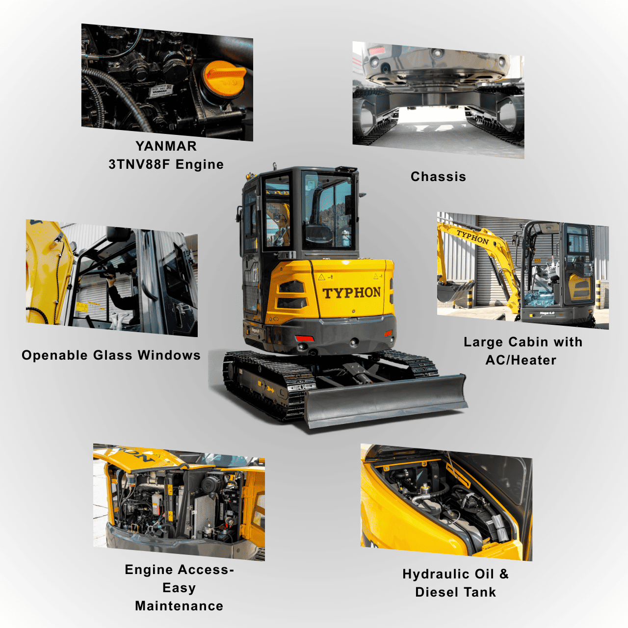 TYPHON NAGA 4.0 Mini Excavator w 4 Ton 24.4hp Yanmar Diesel Engine Metal Track ISO SAE control switch, AC Heater Cabin, 2 Travel Speed