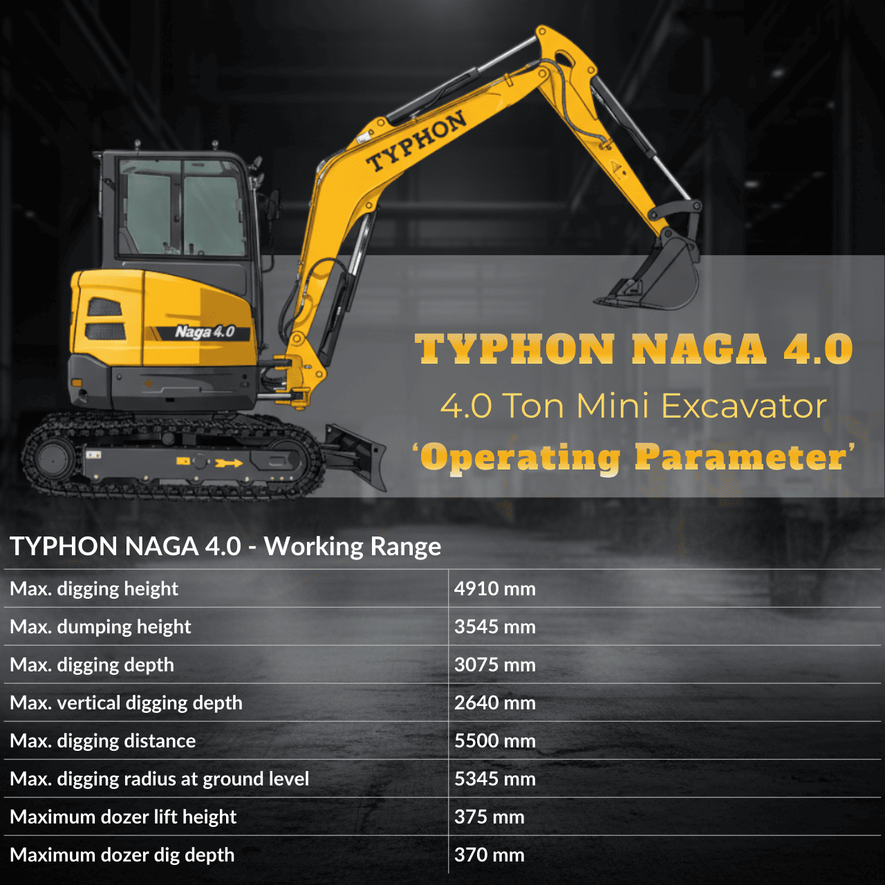 TYPHON NAGA 4.0 Mini Excavator w 4 Ton 24.4hp Yanmar Diesel Engine Metal Track ISO SAE control switch, AC Heater Cabin, 2 Travel Speed
