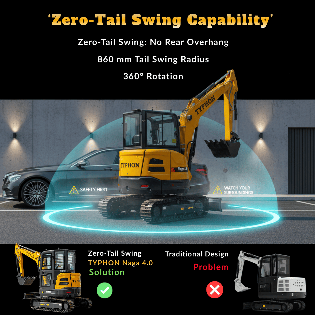 TYPHON NAGA 4.0 Mini Excavator w 4 Ton 24.4hp Yanmar Diesel Engine Metal Track ISO SAE control switch, AC Heater Cabin, 2 Travel Speed