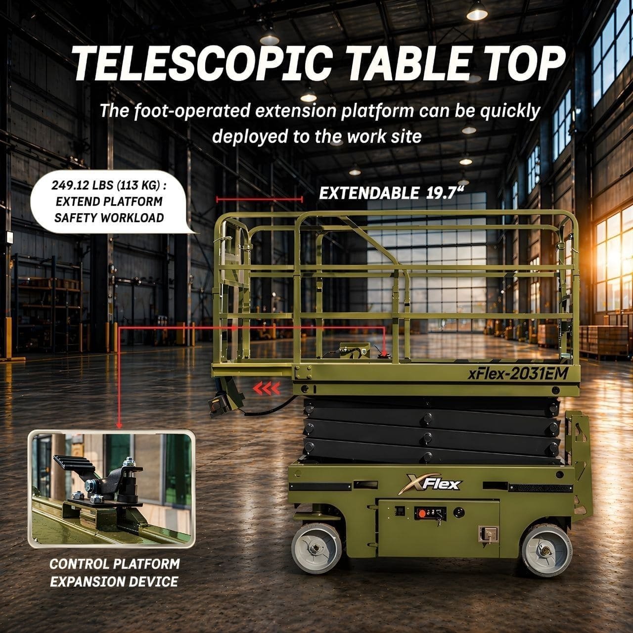 TYPHON xFLEX-2031EM 1.2 Ton Electric Mini Scissor Lift with 20ft Max Platform Height and 19.7″ Platform Extend