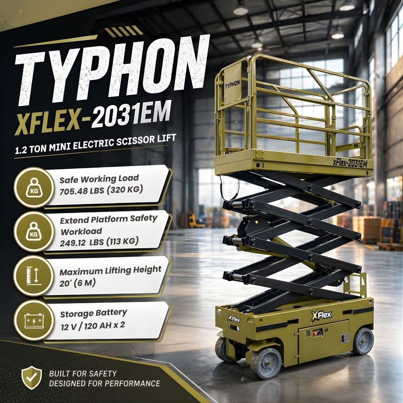 TYPHON xFLEX-2031EM 1.2 Ton Electric Mini Scissor Lift with 20ft Max Platform Height and 19.7″ Platform Extend