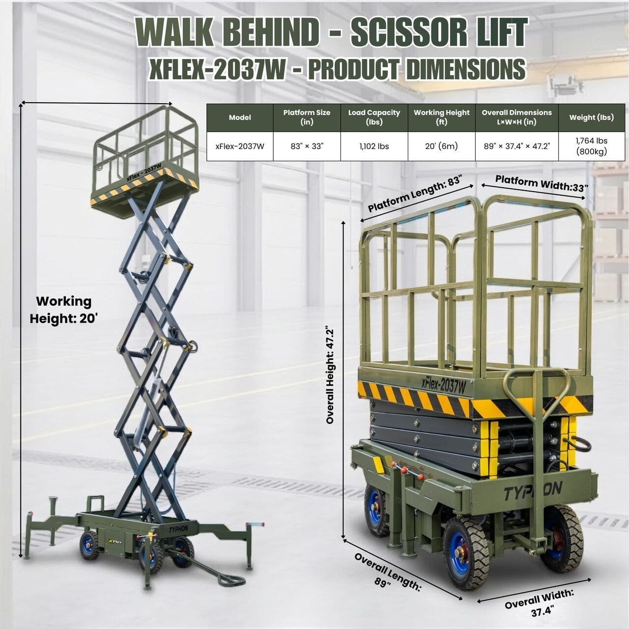 TYPHON xFlex-2037W Walk-Behind Scissor Lift comes with 20ft Working Height and Manual outriggers 1102 lbs load capacity 110V Electric