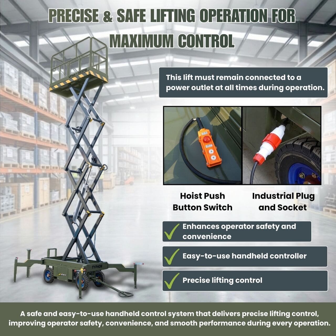 TYPHON xFlex-2037W Walk-Behind Scissor Lift comes with 20ft Working Height and Manual outriggers 1102 lbs load capacity 110V Electric