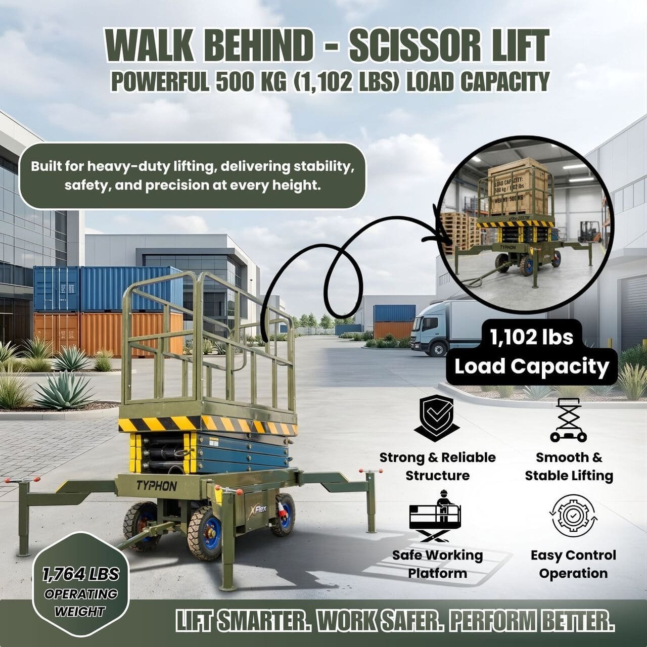 TYPHON xFlex-2037W Walk-Behind Scissor Lift comes with 20ft Working Height and Manual outriggers 1102 lbs load capacity 110V Electric
