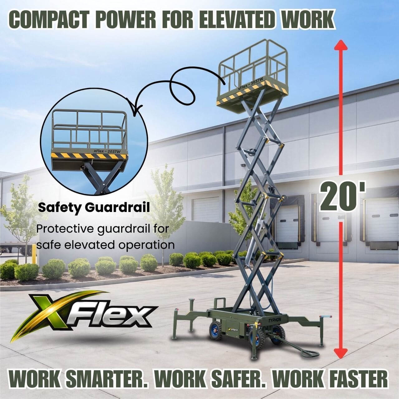 TYPHON xFlex-2037W Walk-Behind Scissor Lift comes with 20ft Working Height and Manual outriggers 1102 lbs load capacity 110V Electric