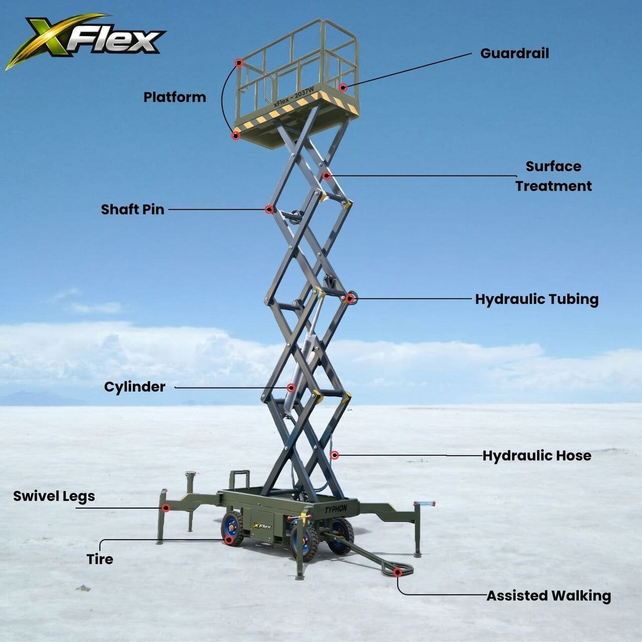 TYPHON xFlex-2037W Walk-Behind Scissor Lift comes with 20ft Working Height and Manual outriggers 1102 lbs load capacity 110V Electric