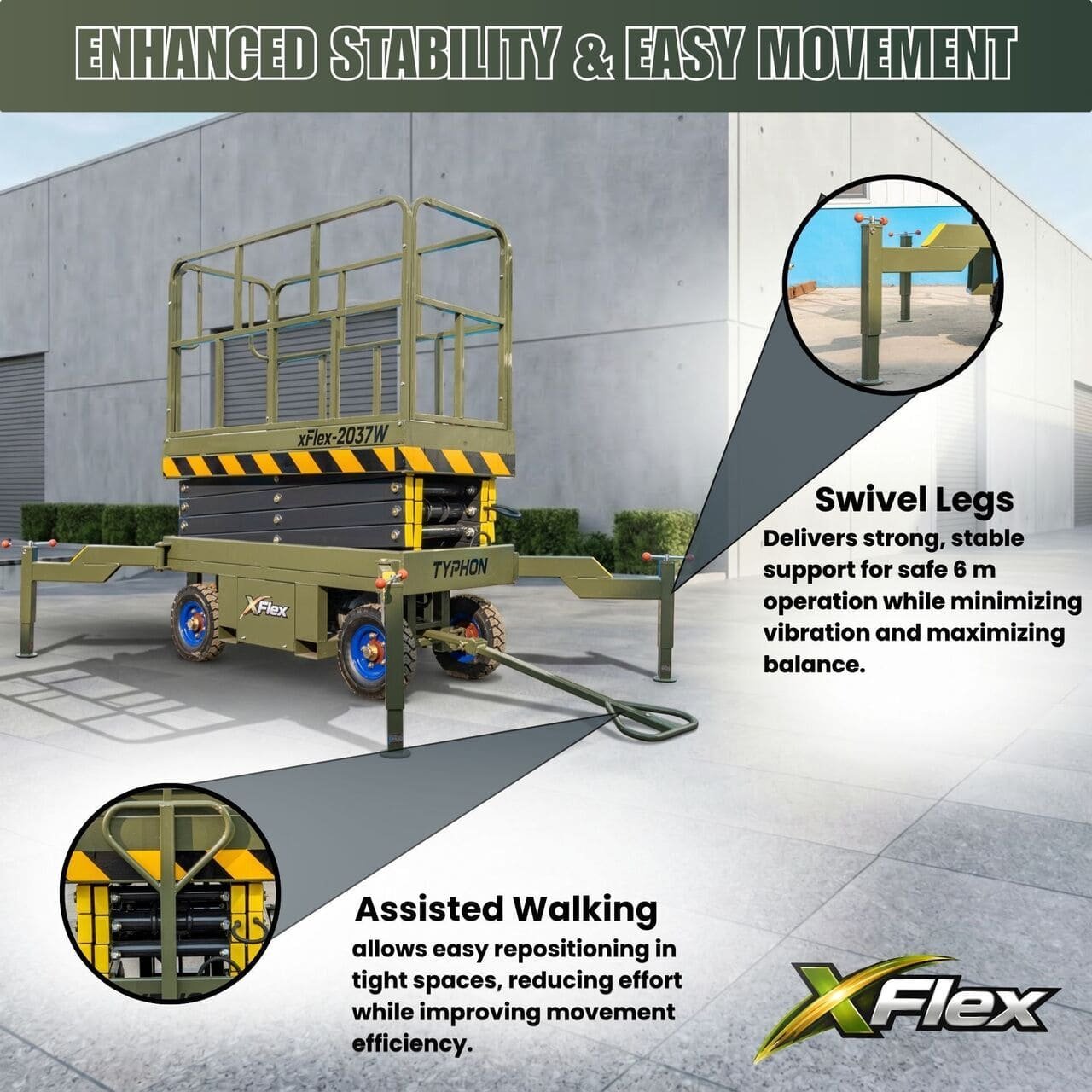 TYPHON xFlex-2037W Walk-Behind Scissor Lift comes with 20ft Working Height and Manual outriggers 1102 lbs load capacity 110V Electric