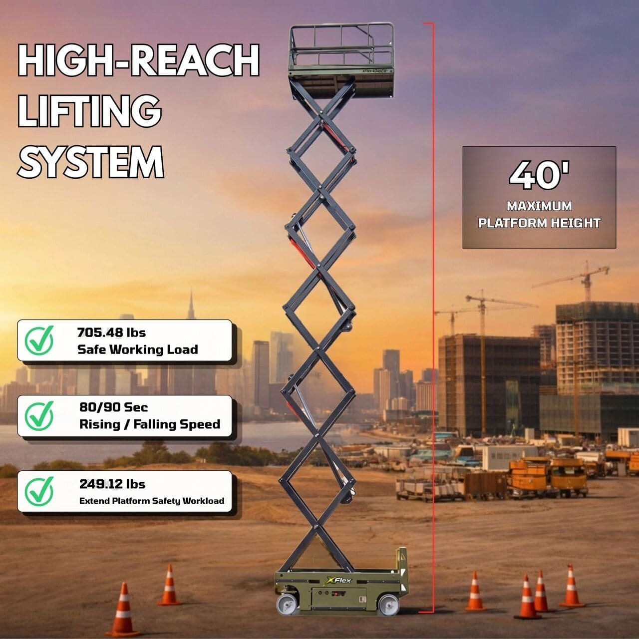 TYPHON xFlex-4046EW Electric Wheel Scissor Lift 2.6 Ton operating weight and 40ft platform height with 705lbs Load Capacity