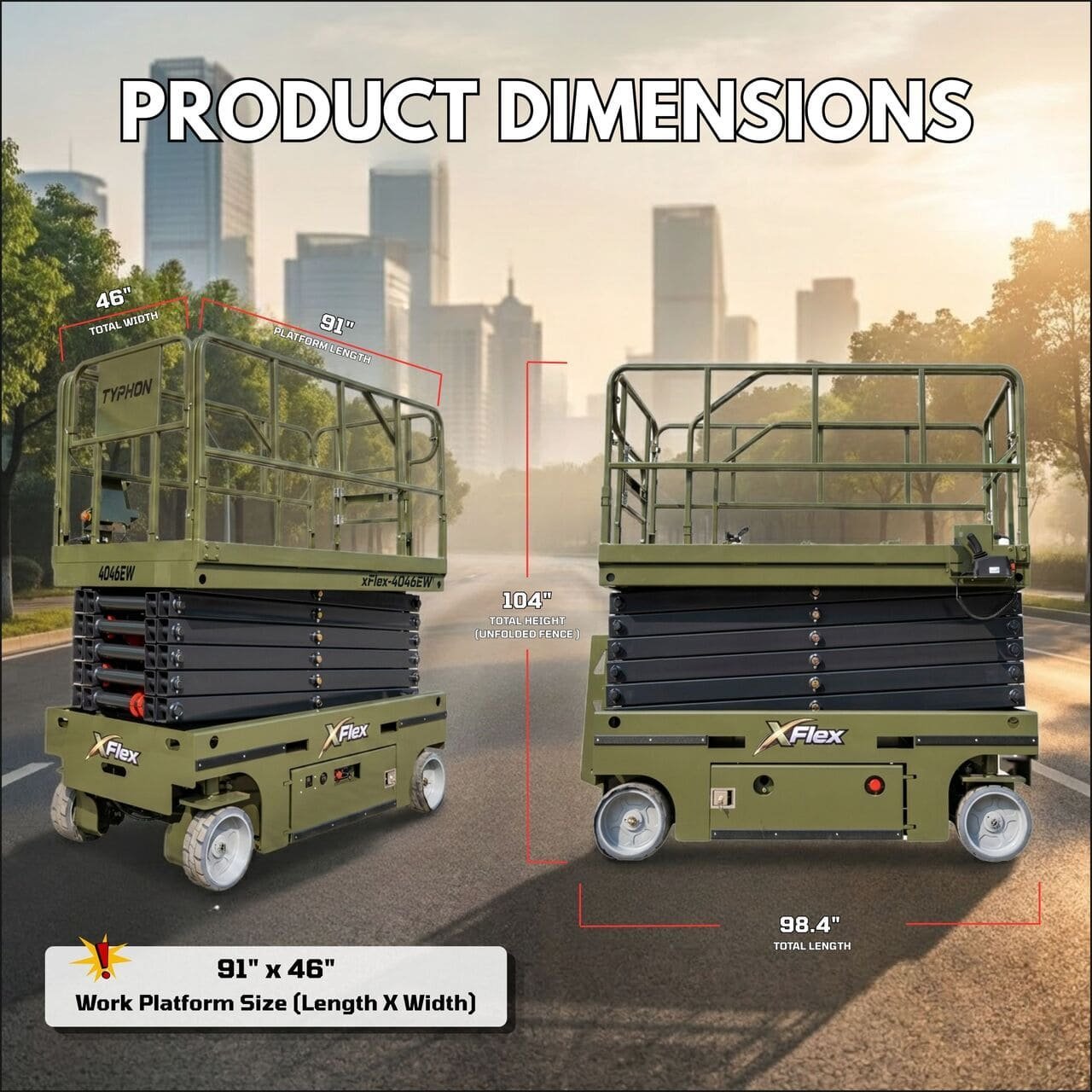 TYPHON xFlex-4046EW Electric Wheel Scissor Lift 2.6 Ton operating weight and 40ft platform height with 705lbs Load Capacity