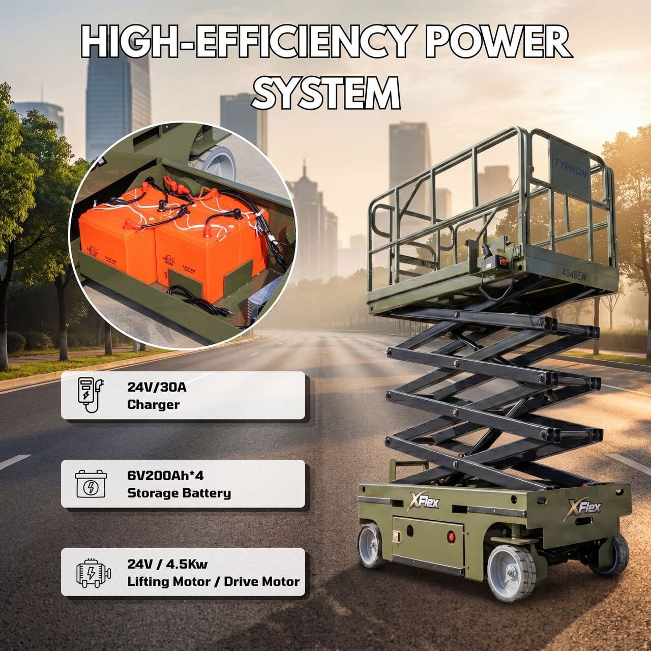 TYPHON xFlex-4046EW Electric Wheel Scissor Lift 2.6 Ton operating weight and 40ft platform height with 705lbs Load Capacity