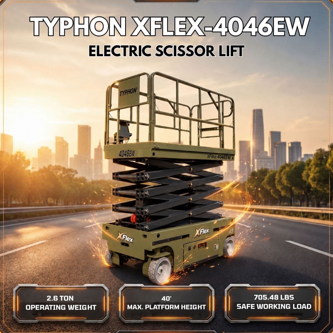 TYPHON xFlex-4046EW Electric Wheel Scissor Lift 2.6 Ton operating weight and 40ft platform height with 705lbs Load Capacity